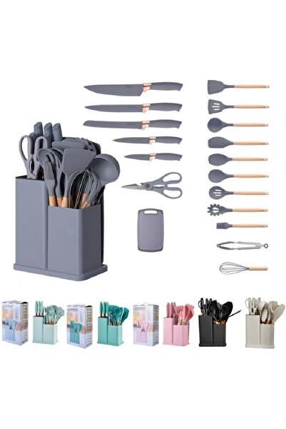 Sultan Set 19 Ustensile de gatit, din silicon si Lemn, maner rezistent din lemn, suport-tocator, Multicolor