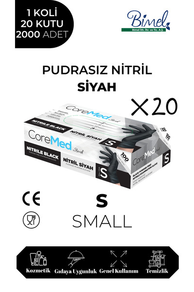 COREMED Nitril Siyah Pudrasız Muayene Eldiveni S - 1 Koli-20 Paket-2000'li