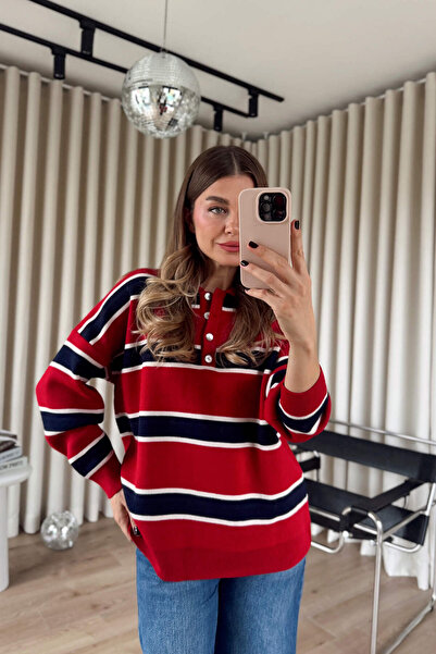 Sue Store Red Polo Neck Navy Blue Striped Oversized Sweater