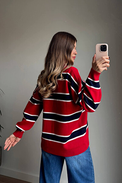 Sue Store Red Polo Neck Navy Blue Striped Oversized Sweater