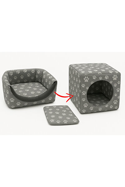 GRİ BEYAZ RENK 3 Fonksiyonlu Kedi & Köpek Yatağı 40x40x40CM