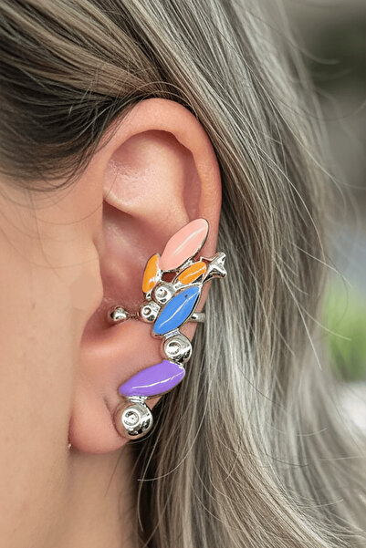 TAKIŞTIR Gümüş Renk Renkli Taş Detaylı 14K Altın Kaplama TX Ear Cuff (Tek)