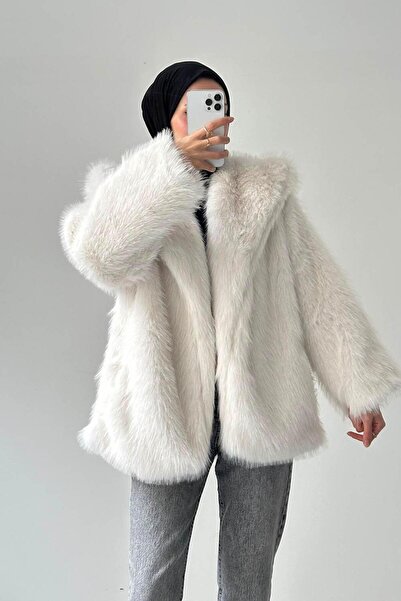 lamelif παλτό με συνθετική γούνα Εκρού