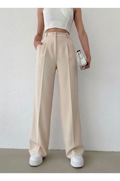 HA-KA GİYİM Women's Palazzo Pleated High Waist Imported Fabric Doubleface High-Quality Product Does Not Shrink or Fade