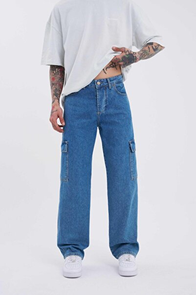 Machinist Men's Washable Cargo Pocket Pack Baggy Fit Jean Trousers Dark Blue