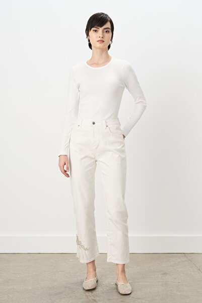 Nihan Paçası İşlemeli Jean Denim Pantolon Ekru