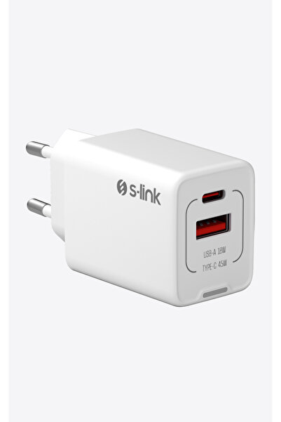 S-LINK SL-ECG45 Type USB-C 45W PD + 18W USB QC 3.0 GAN Beyaz Hızlı Ev Şarj Ad...