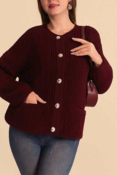 AURRARİ Burgundy Pocketed Buttoned Women's Thick Knit Cardigan