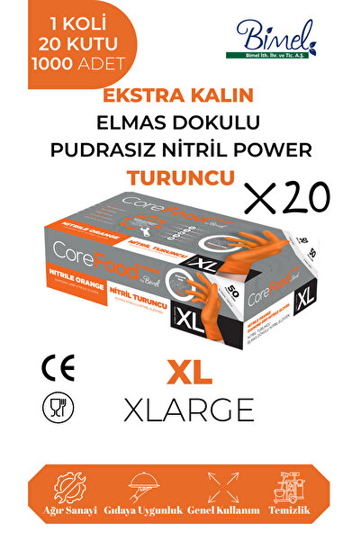 COREFOOD Nitrile Orange Power Powder-Free Examination Gloves XL - 1 Box-20 Pa...