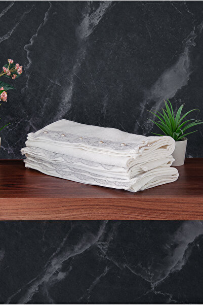 ihvan online 100% Cotton Velvet Guipure Lace Pearl Embroidered Set of 6 Dowry Hand Towels - 30X50 cm - 04466 - Gray