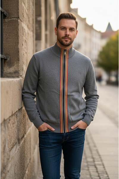 YusGos Men's Half Turtleneck Zippered Stripe Detailed Transitional High Quality Cardigan