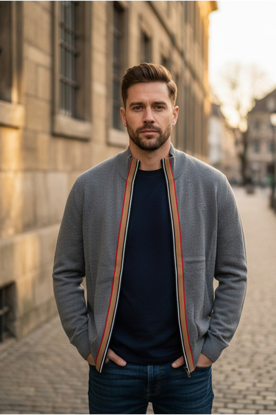 YusGos Men's Half Turtleneck Zippered Stripe Detailed Transitional High Quality Cardigan