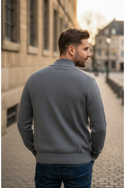 YusGos Men's Half Turtleneck Zippered Stripe Detailed Transitional High Quality Cardigan