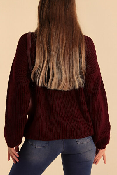 AURRARİ Burgundy Pocketed Buttoned Women's Thick Knit Cardigan