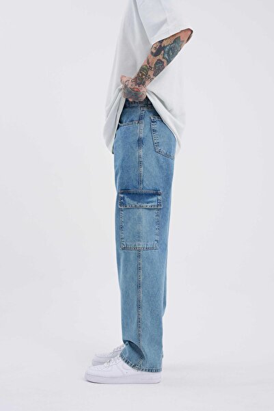 Machinist Men's Washable Cargo Pocket Pack Baggy Fit Jean Trousers Blue