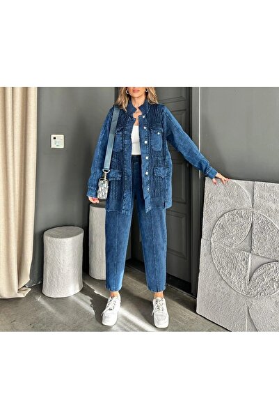 Lavanta Tekstil طقم سترة وبنطلون بتصميم تريكو مع قطع من الدنيم