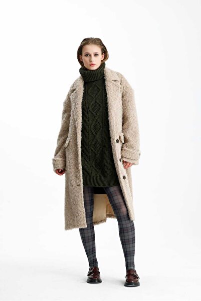 GACA COLLECTION NİNOVA Teddy Bej Oversize Uzun Kaban