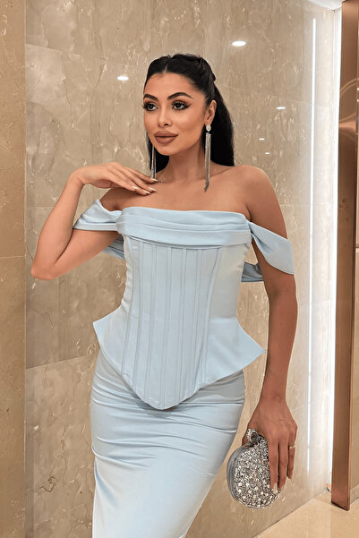 giyimmasalı Satin Fabric Balen Detailed Evening Dress - Baby Blue
