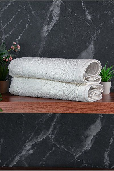 ihvan online Footprint Patterned 2-Piece Foot Towel - 50X70 cm - Water Absorbent Bath Mat Set - White