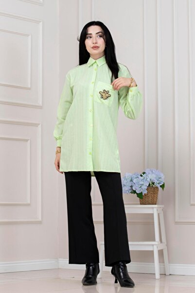 Sevitli Cebi Bee Detailed Linen Tunic-Pistachio Green