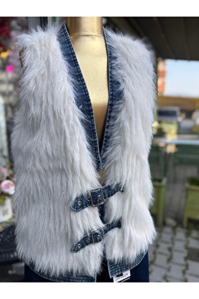ŞEHRAZAT BUTİK Denim Detailed Self-Belted Design Fur Vest