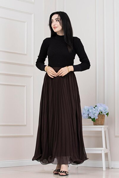 Sevitli Pleated Chiffon Skirt-Brown