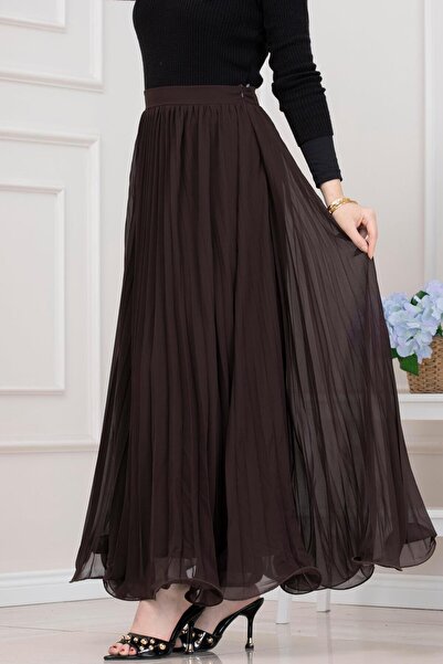 Sevitli Pleated Chiffon Skirt-Brown
