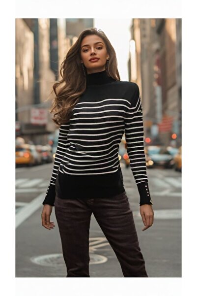 Sweater Black with white stripes, high collar, buttons on sleeves, M/L