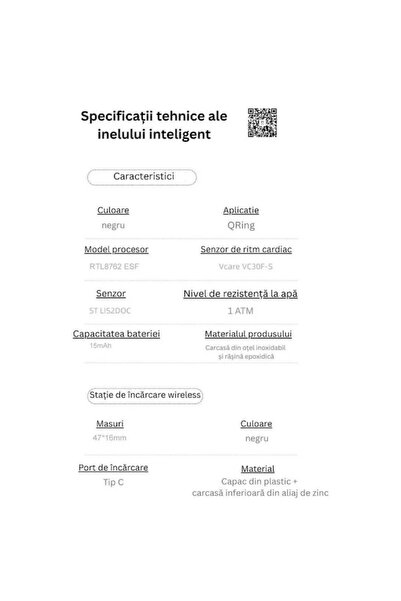 VeReTech Smart Ring, Advanced Monitoring, Water Resistant, Android/iOS, Wireless Charger, Size 12, Black