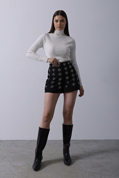 Leina Yüksek Bel Taş Detaylı Şort Etek