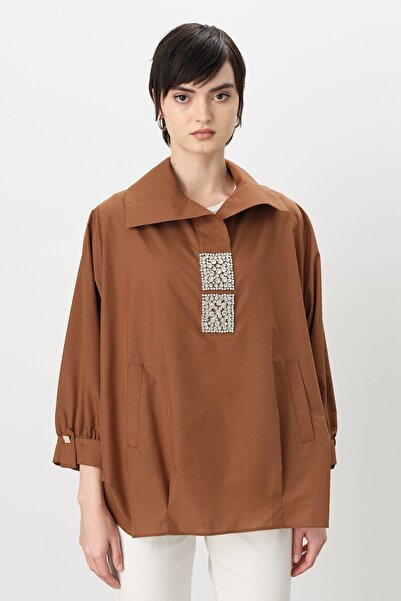 Nihan Kare Taşlı Gömlek Pamuk Tunik Çikolata