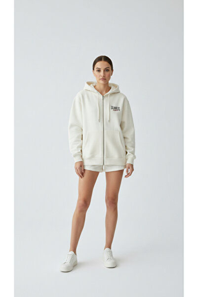 Giyim Dünyası سويت شيرت نسائي بقلنسوة وسحاب بثلاثة أربطة مبطن بالصوف جوليا إكرو