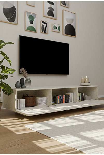 Molnea Traverten Desen Uçan Tv Ünitesi 3 Kapaklı Tv Sehpası