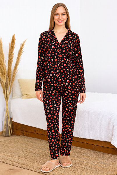 REMSA Γυναικείο Σετ Πιτζάμες με Σαφίρι με Μοτίβο Λουλούδια 0468 Μαύρο04