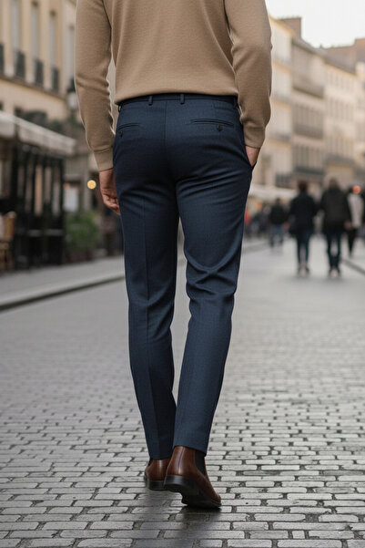 NAZEF Slim Fit Side Pocket 80% Wool Navy Blue Classic Winter Fabric Trousers