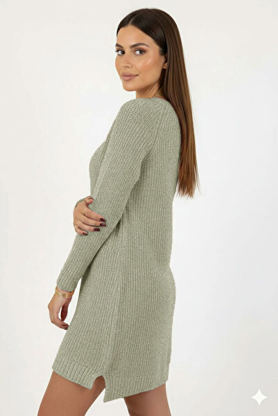 Millionaire Women's Light Water Green Crew Neck Long Tunic Dress Thick Knit Italian Sleeve Y Slit Knitwear Sweater