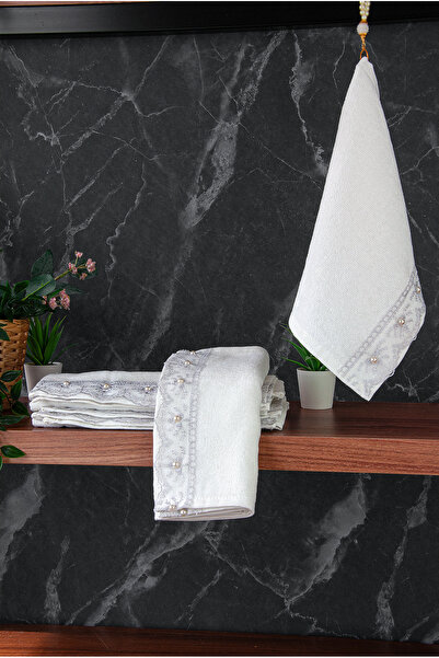 ihvan online 100% Cotton Velvet Guipure Lace Pearl Embroidered Set of 6 Dowry Hand Towels - 30X50 cm - 04466 - Gray