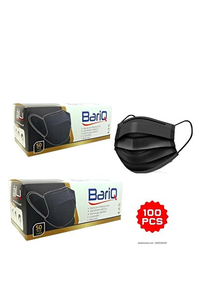 Bariq 100 قناع طبي للاستخدام مرة واحدة، أسود، 3 طبقات، حلقات أذن مرنة ناعمة (50 × 2 علبة)