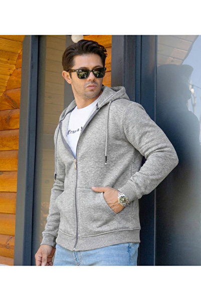 FRANCO RENZO Hanorac din bumbac cu glugă și fermoar pe lungime, cu 3 fire