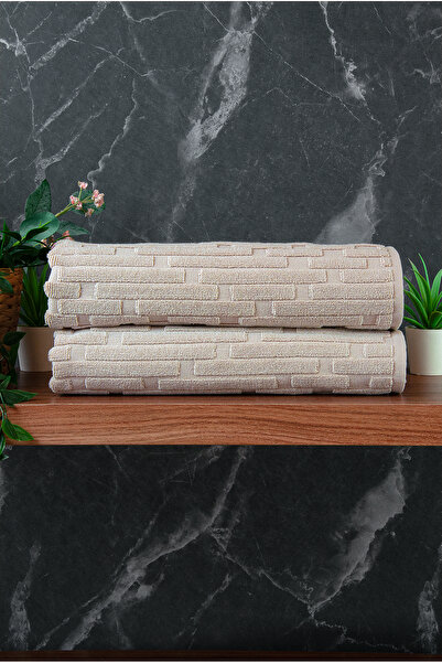 ihvan online Brick Patterned 2-Piece Foot Towel - 50X70 cm - Water Absorbent Bath Mat Set - Cream