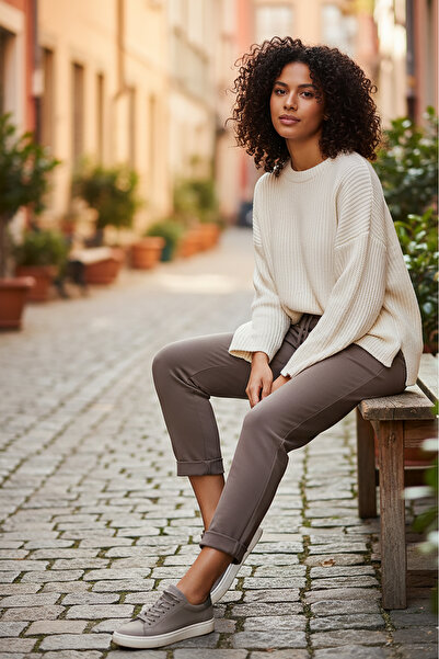 Sy & Black Kadın Çelik Örgü Beli Lastikli ve Bağcıklı Geniş Beden Aralıklı Jo...