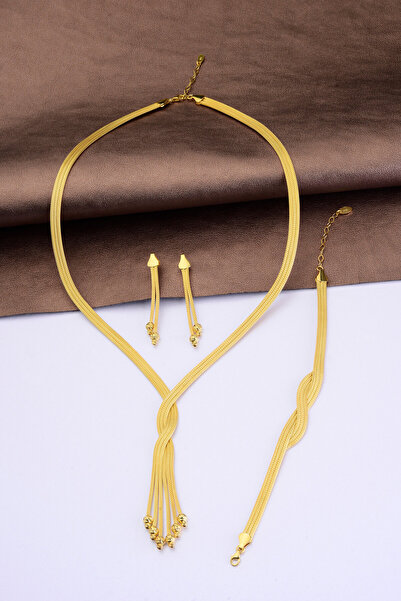 Innuendo Jewelry 925 Ayar Gümüş 3 Sıra Trabzon Hasırı Dorikalı Örgü Set