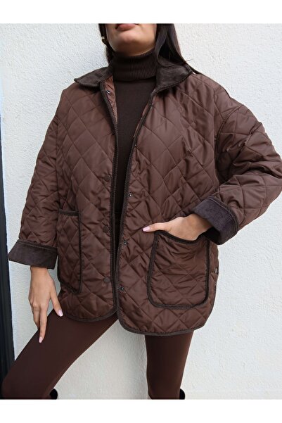 ESRAHELVACI Velvet Collar Snap Fastener Quilted Coat