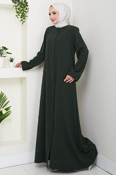 hafsamina Half Stone Ferace with Hidden Patlı Khaki Hm2860