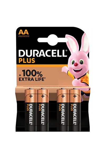 Duracell Plus AA LR6, Set of 4 Alkaline Batteries, +100% Extra Life, long-lasting power