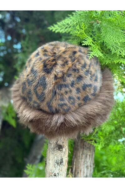 Trend Şapka 14622-2 Leopar Desenli Kürklü Peluş Kalpak Şapka