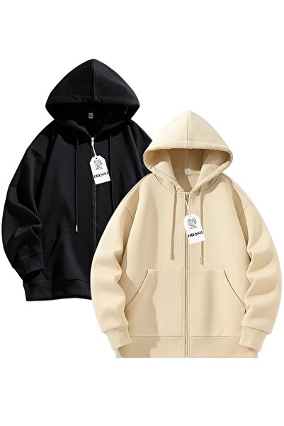 FRESSO 2'li Kanguru Cepli Fermuarlı İki İplik Unisex Şardonlu Sweatshirt / Hırka