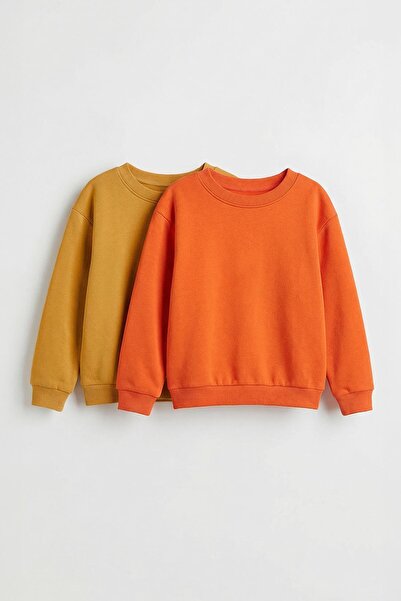 Perendi Unisex Kids 2-Piece Basic Crew Neck Sweatshirt Set – Mustard & Orange