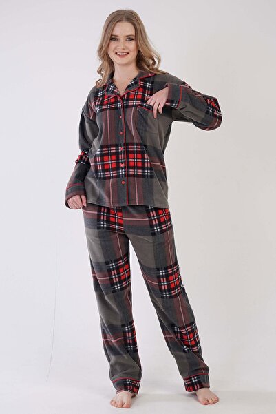 VİENETTA Women's Fleece Anthracite Pajama Set – Button Front, Plaid Pattern C2T9N0013