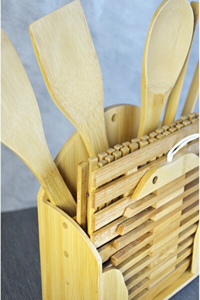 Bayev Bambu 9 Piece Ladle and Spoon Set with Stand 700625 - Wooden Spoon and Ladle Set